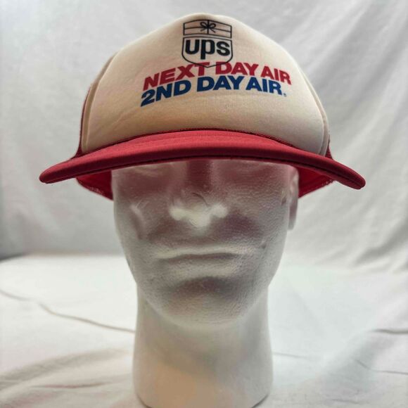 UPS Next Day Air Vintage Crown Trucker Cap Hat Red White Mesh Snapback One Size - Picture 2 of 12